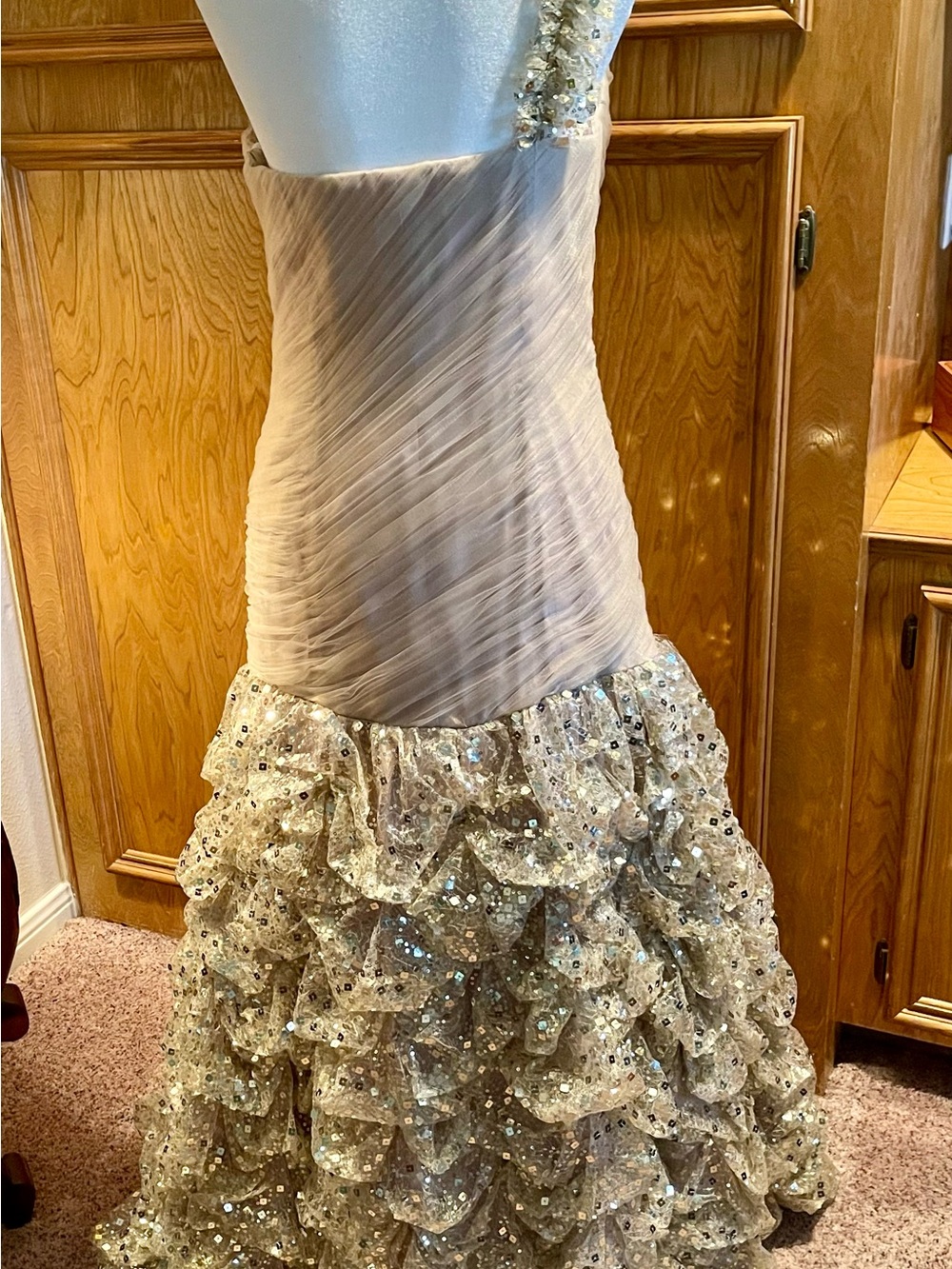 Jovani One-Shoulder Gold Ruffle Gown - Picture 4 of 6